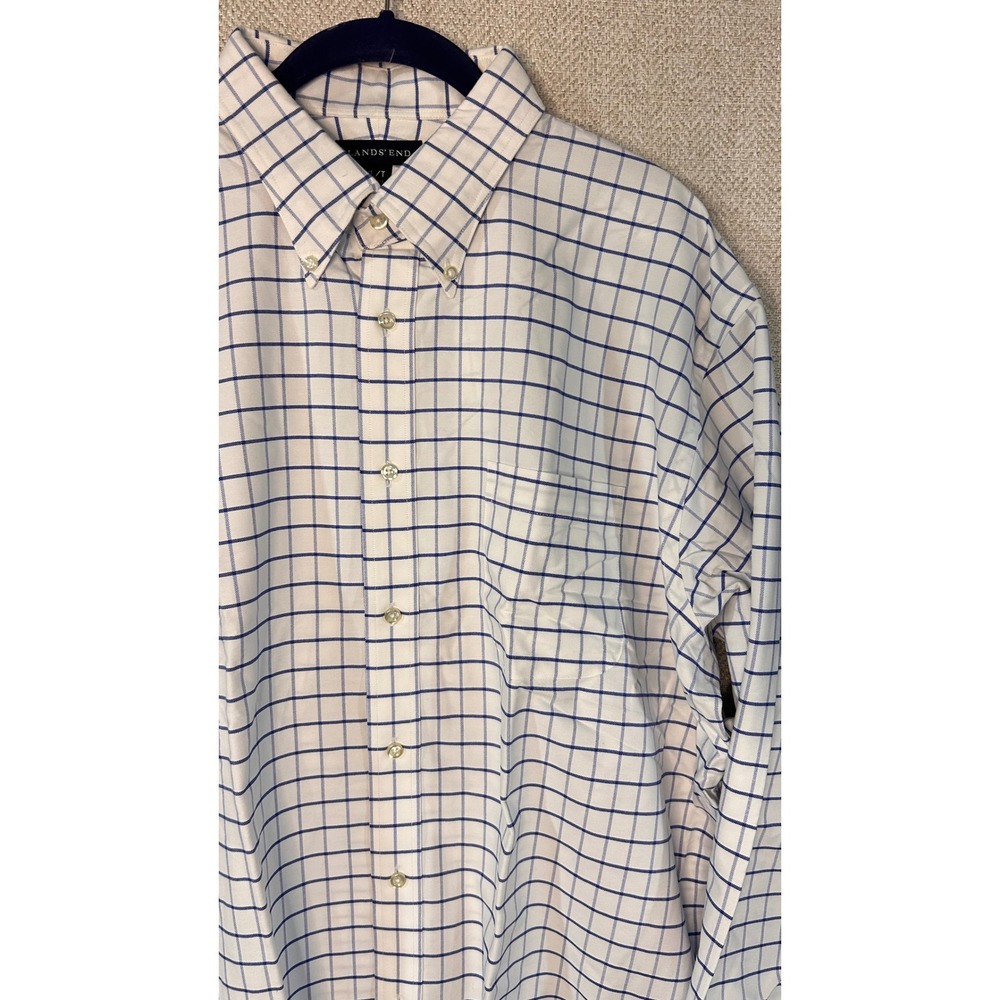 Lands End Mens XL Tall White Blue Windowpane Check Button Down Shirt 17-17.5